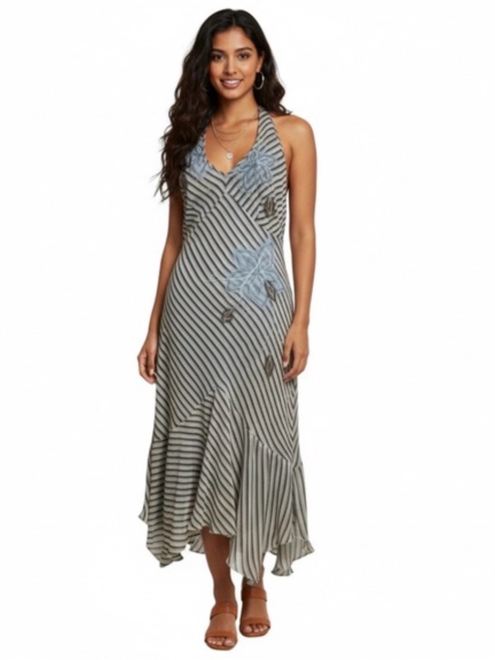 BCBGMaxAzria 100% Silk Halter Midi Dress with Floral Appliqué Sz 10